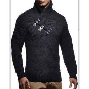 NWT Leif Nelson Black Shawl Collar‎ Knit Sweater Mens Size M Buckle Detail